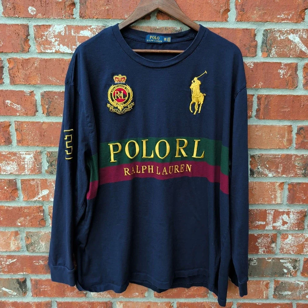 Polo Ralph Lauren Long Sleeve T-Shirt Mens 1XB Navy Blue Big Pony Crest Stripe